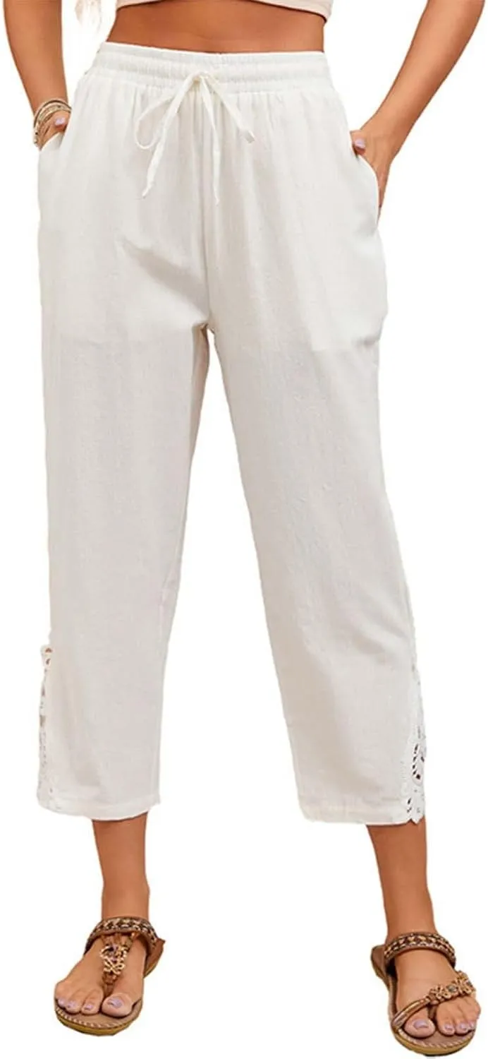 Capris Pants For Women High Waist Elastic Casual Trousers 2024 Summer Baggy Cropped Pant Lace Patchwork Comfy Pants