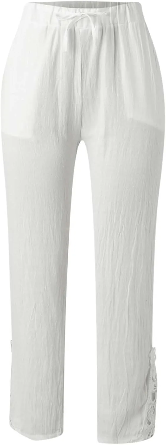 Capris Pants For Women High Waist Elastic Casual Trousers 2024 Summer Baggy Cropped Pant Lace Patchwork Comfy Pants