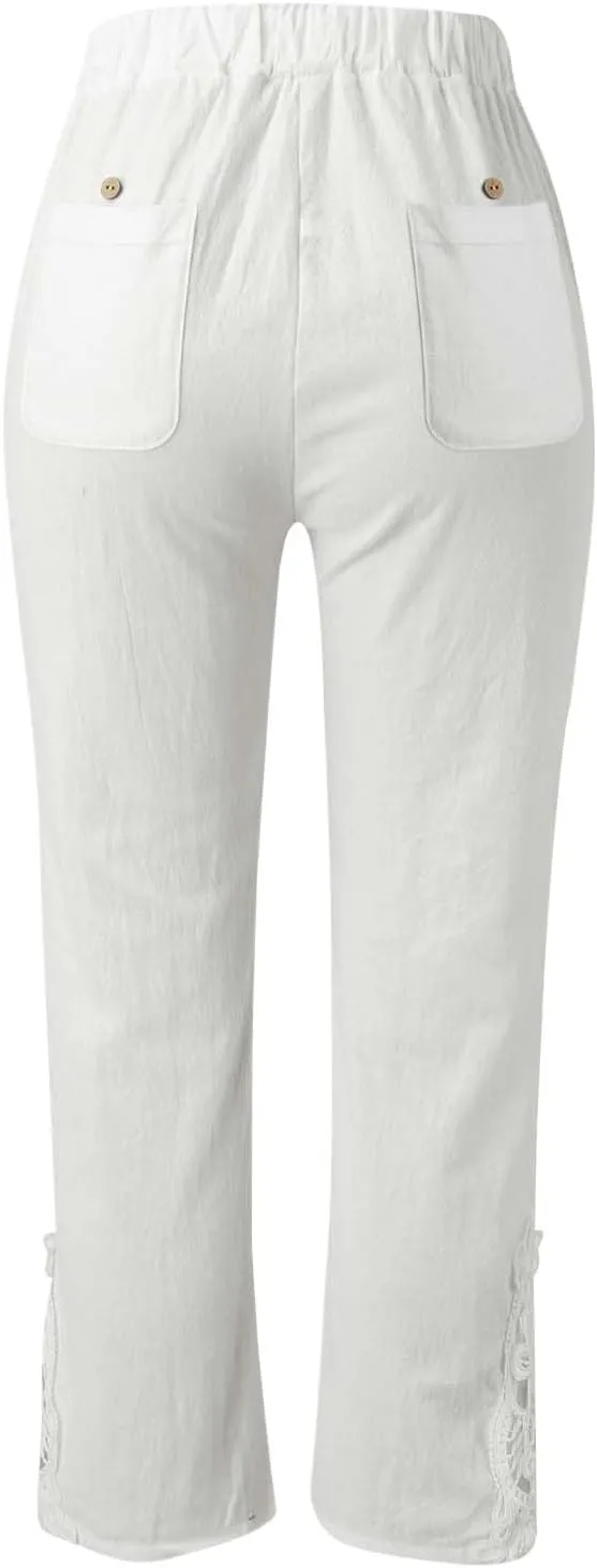 Capris Pants For Women High Waist Elastic Casual Trousers 2024 Summer Baggy Cropped Pant Lace Patchwork Comfy Pants