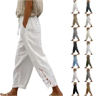 Capris Pants For Women High Waist Elastic Casual Trousers 2024 Summer Baggy Cropped Pant Lace Patchwork Comfy Pants