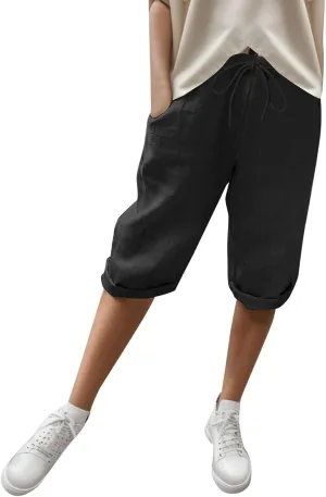 Capris With Pockets For Women Cotton Linen Knee Length Bermuda Shorts Summer Vacation Drawstring Cropped Trousers