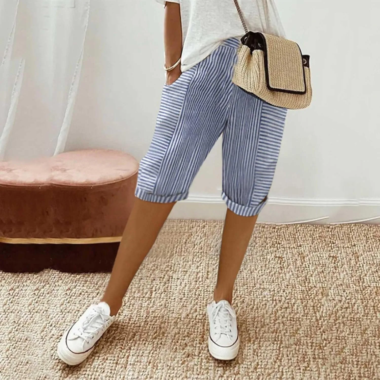 Capris With Pockets For Women Cotton Linen Knee Length Bermuda Shorts Summer Vacation Drawstring Cropped Trousers