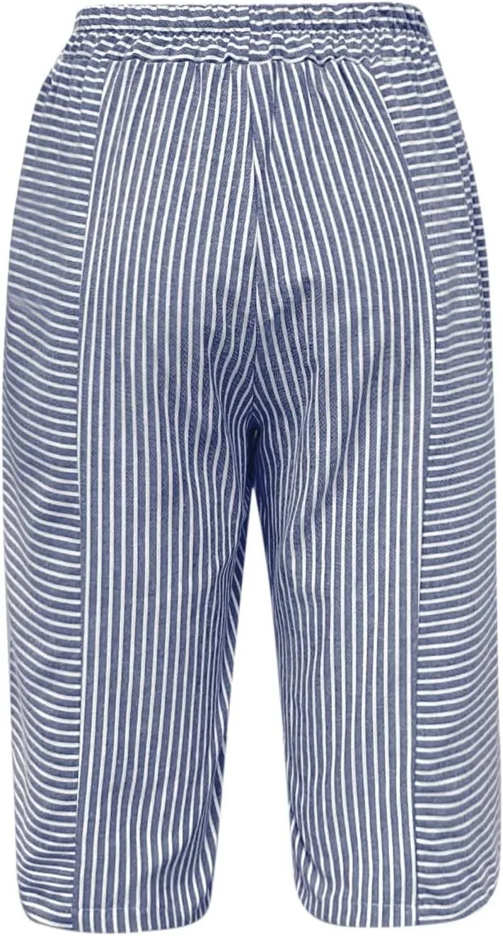 Capris With Pockets For Women Cotton Linen Knee Length Bermuda Shorts Summer Vacation Drawstring Cropped Trousers