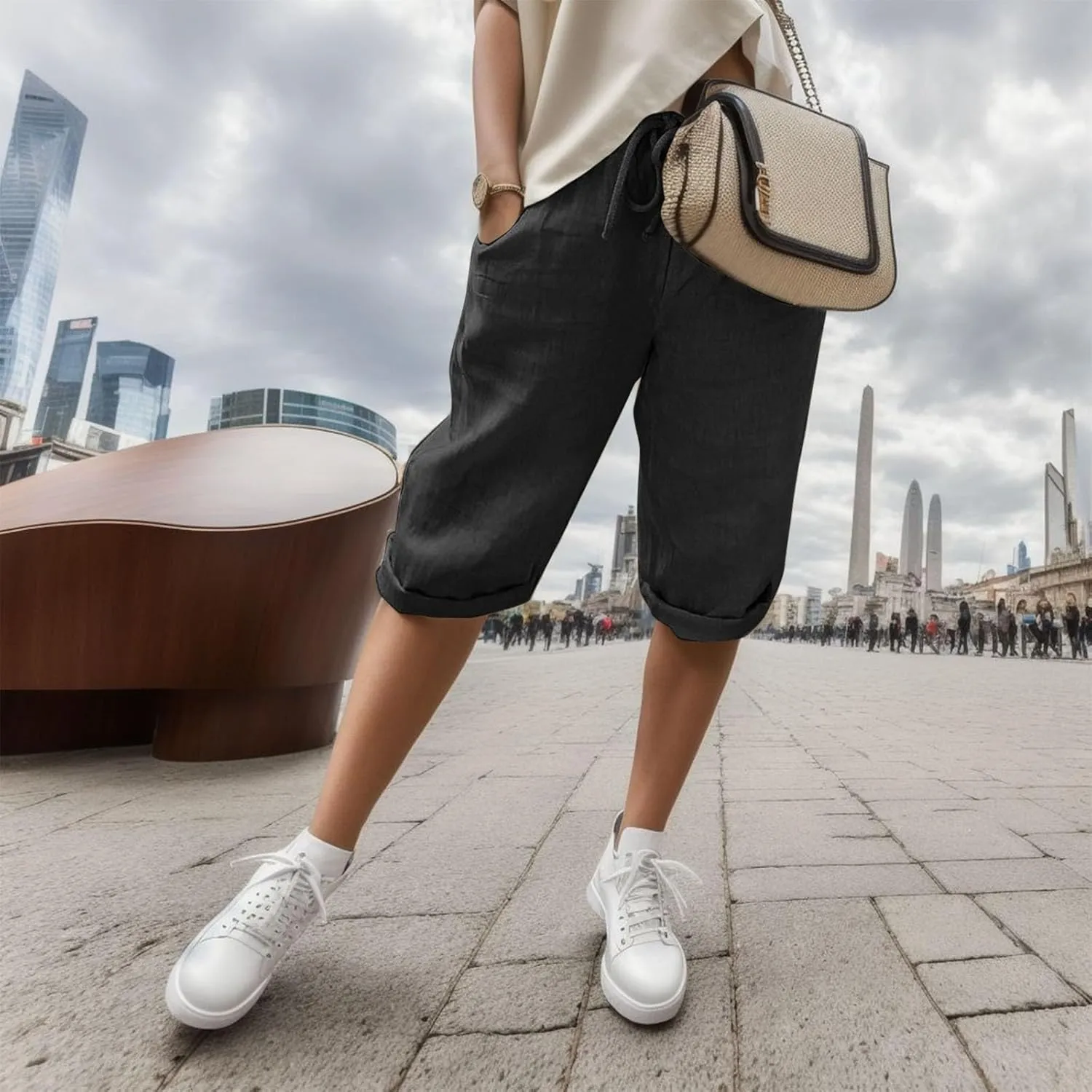 Capris With Pockets For Women Cotton Linen Knee Length Bermuda Shorts Summer Vacation Drawstring Cropped Trousers
