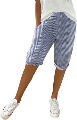 Capris With Pockets For Women Cotton Linen Knee Length Bermuda Shorts Summer Vacation Drawstring Cropped Trousers