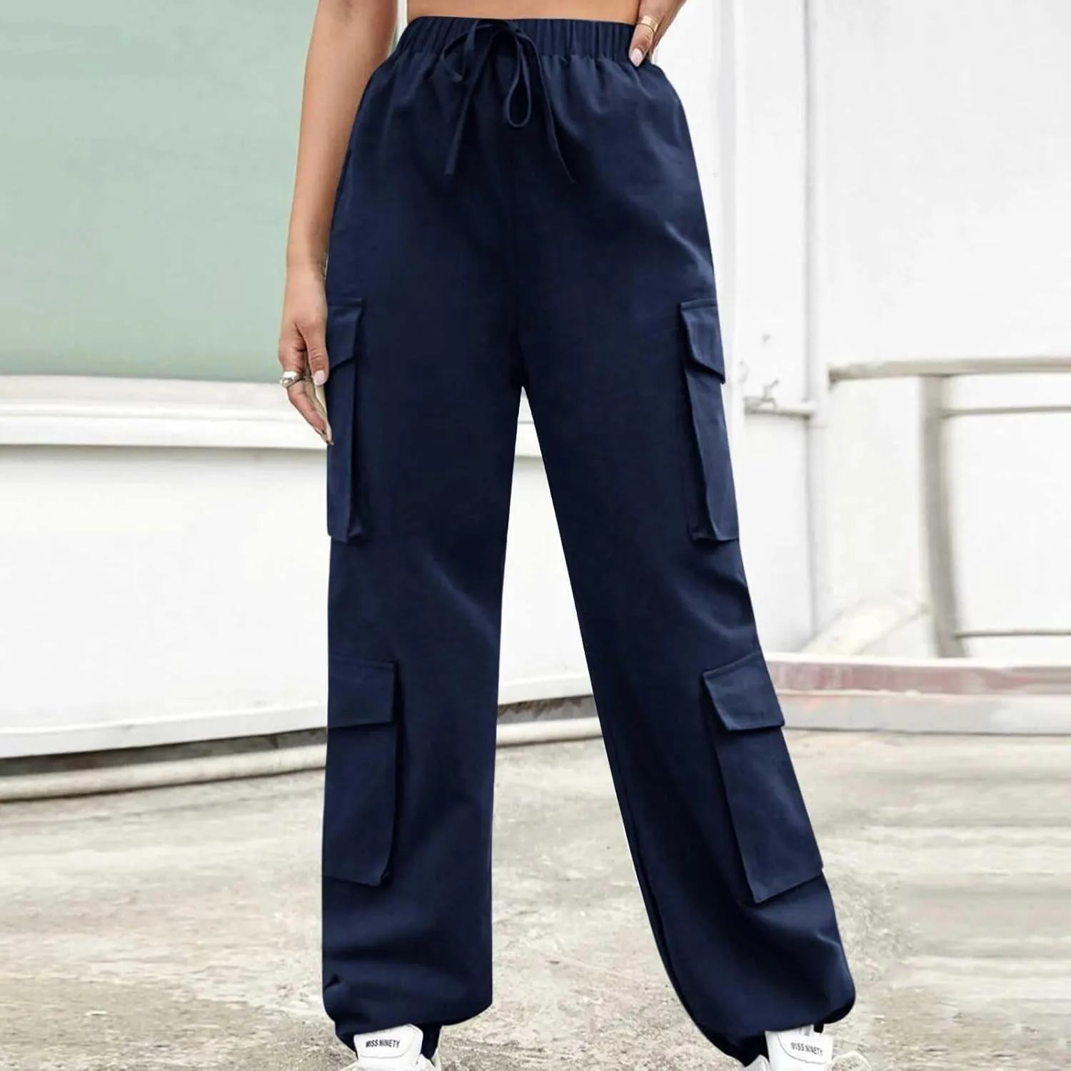 Cargo Pants Women Drawstring High Waist Pants Fashion Casual Solid Trousers Loose Fit Lounge Pant with Pockets
