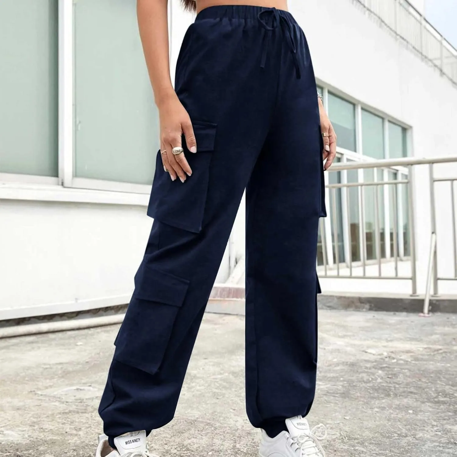 Cargo Pants Women Drawstring High Waist Pants Fashion Casual Solid Trousers Loose Fit Lounge Pant with Pockets