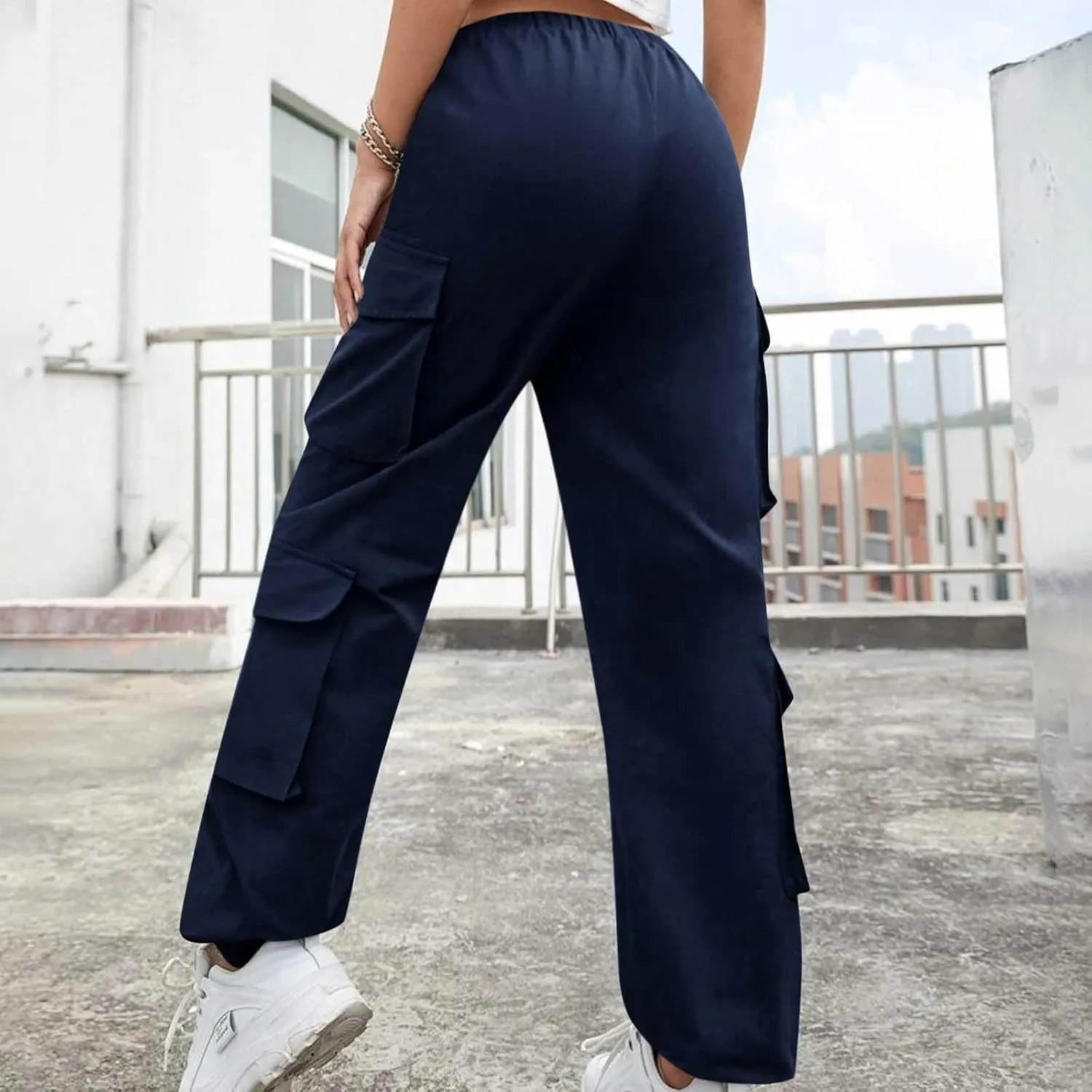 Cargo Pants Women Drawstring High Waist Pants Fashion Casual Solid Trousers Loose Fit Lounge Pant with Pockets