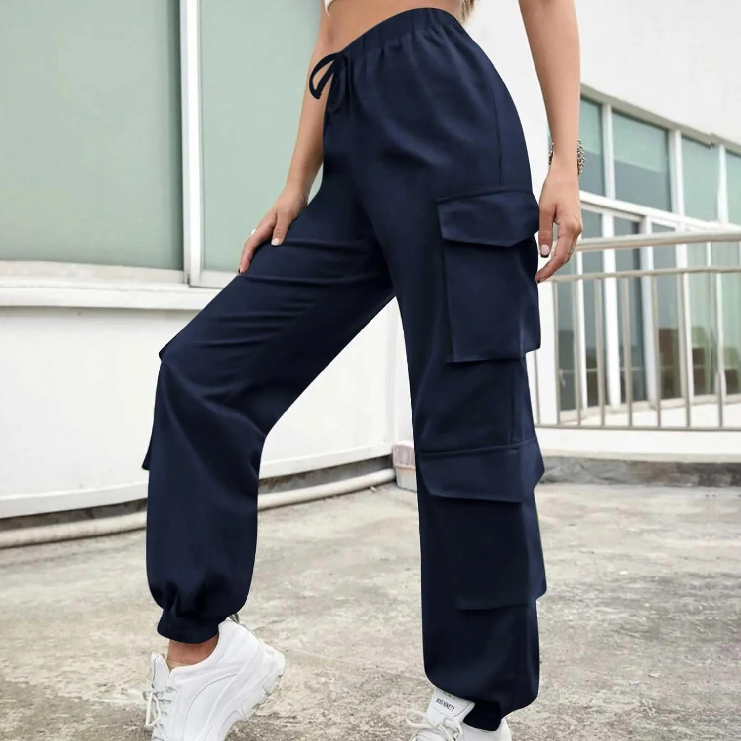 Cargo Pants Women Drawstring High Waist Pants Fashion Casual Solid Trousers Loose Fit Lounge Pant with Pockets