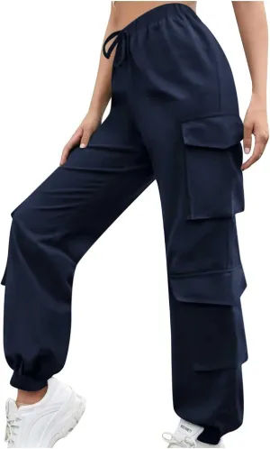 Cargo Pants Women Drawstring High Waist Pants Fashion Casual Solid Trousers Loose Fit Lounge Pant with Pockets