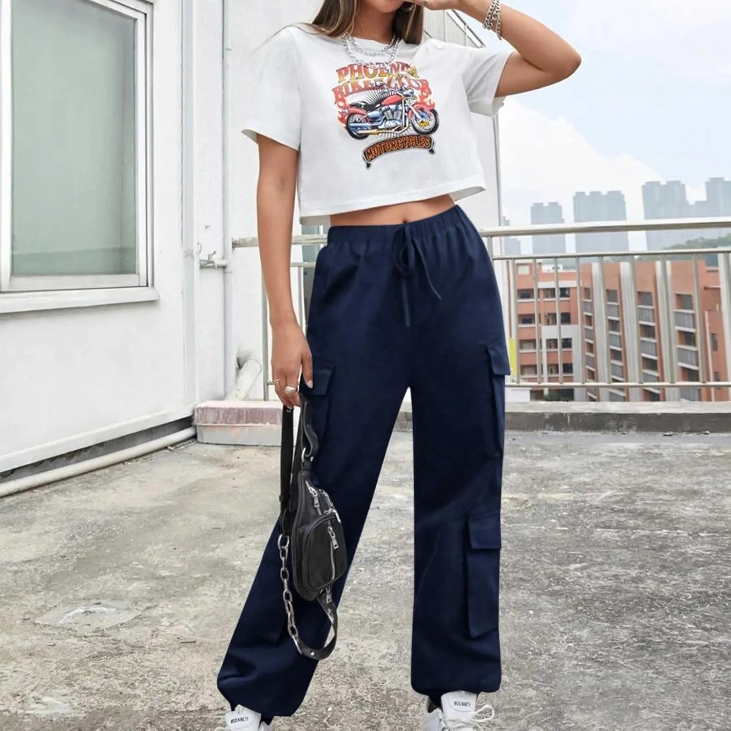 Cargo Pants Women Drawstring High Waist Pants Fashion Casual Solid Trousers Loose Fit Lounge Pant with Pockets