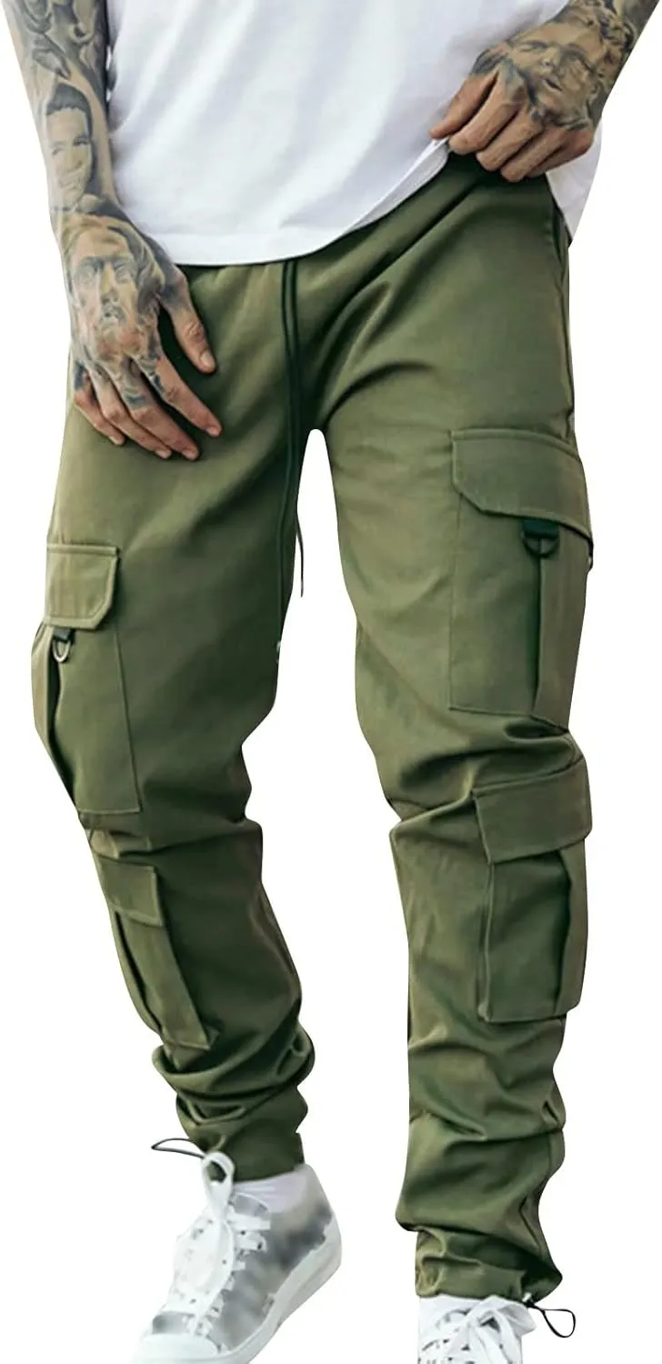 Cargo Sweatpants for Men Elastic Waist Drawstring Work Jogger Pants with Pockets Mens Casual Pants Stretch Slim Fit