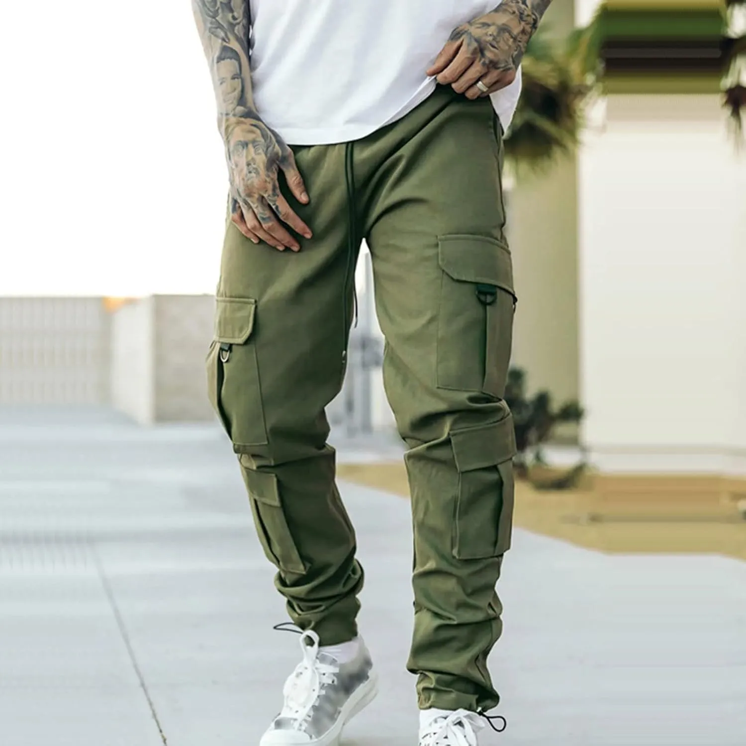 Cargo Sweatpants for Men Elastic Waist Drawstring Work Jogger Pants with Pockets Mens Casual Pants Stretch Slim Fit