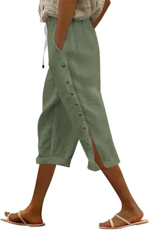Casual Linen Capri Pants for Women 2025 Summer Elastic Waist Side Button Crop Capris Trendy Beach Trouser with Pocket