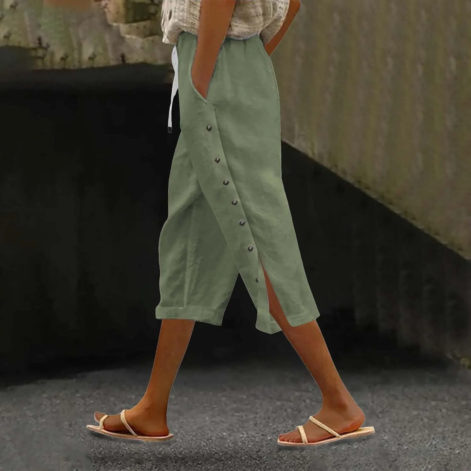 Casual Linen Capri Pants for Women 2025 Summer Elastic Waist Side Button Crop Capris Trendy Beach Trouser with Pocket