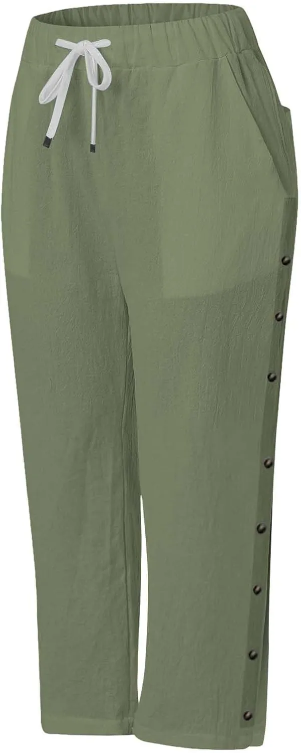 Casual Linen Capri Pants for Women 2025 Summer Elastic Waist Side Button Crop Capris Trendy Beach Trouser with Pocket