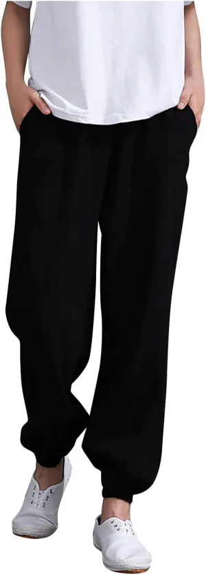 Comfy Pants for Women Summer Trendy Loose Cotton Linen Pants 2025 Palazzo High Waisted Long Trousers with Pockets