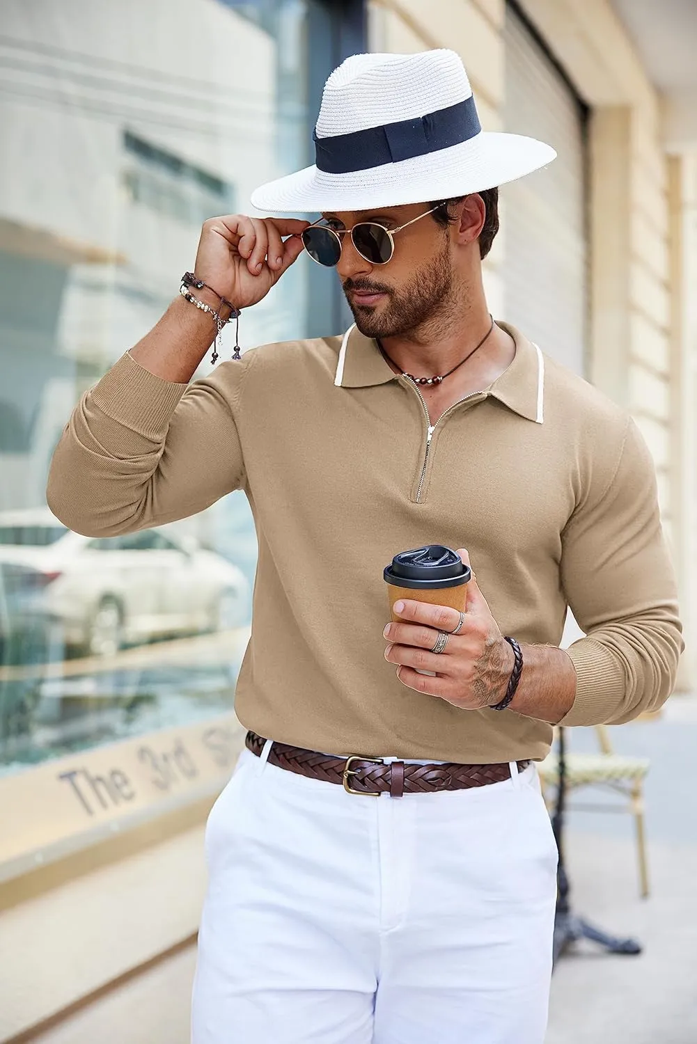 COOFANDY Men's Knit Polo Shirt Long Sleeve Quarter Zip Polo Sweater Casual Golf Shirts Vintage Striped Collar Polo