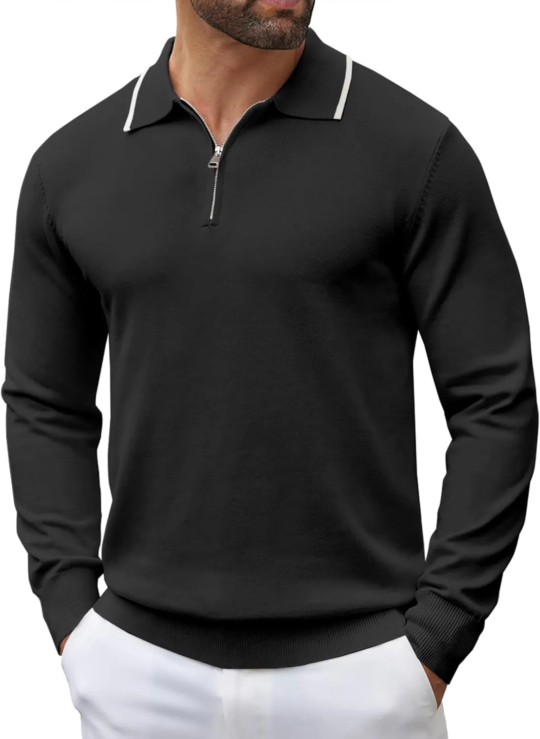 COOFANDY Men's Knit Polo Shirt Long Sleeve Quarter Zip Polo Sweater Casual Golf Shirts Vintage Striped Collar Polo