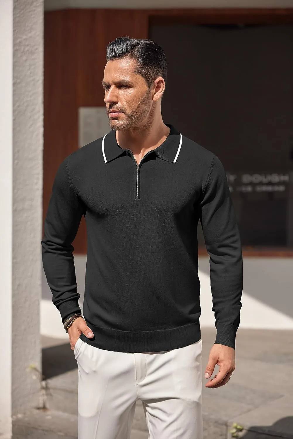 COOFANDY Men's Knit Polo Shirt Long Sleeve Quarter Zip Polo Sweater Casual Golf Shirts Vintage Striped Collar Polo