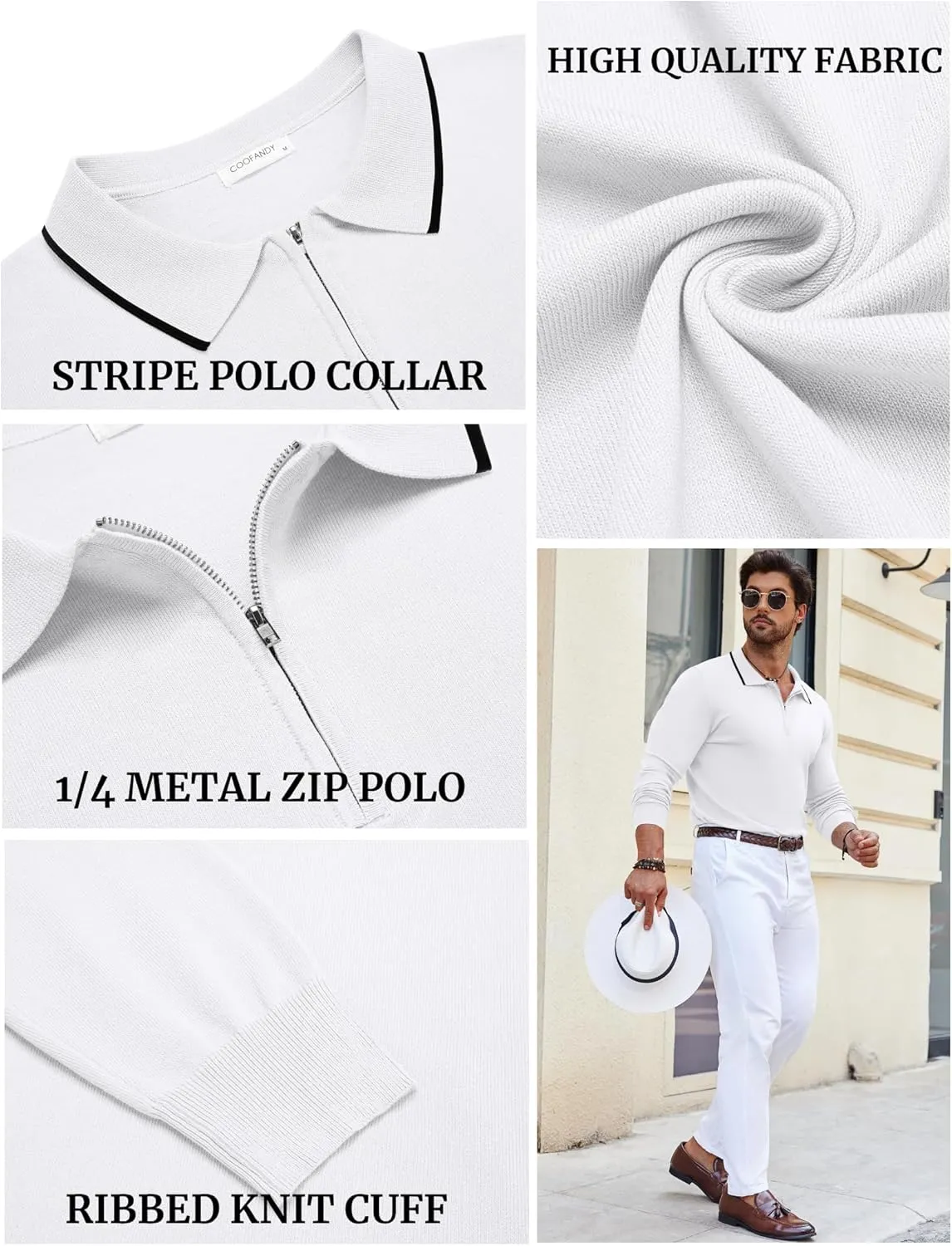 COOFANDY Men's Knit Polo Shirt Long Sleeve Quarter Zip Polo Sweater Casual Golf Shirts Vintage Striped Collar Polo