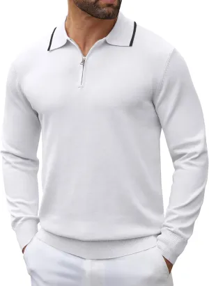 COOFANDY Men's Knit Polo Shirt Long Sleeve Quarter Zip Polo Sweater Casual Golf Shirts Vintage Striped Collar Polo