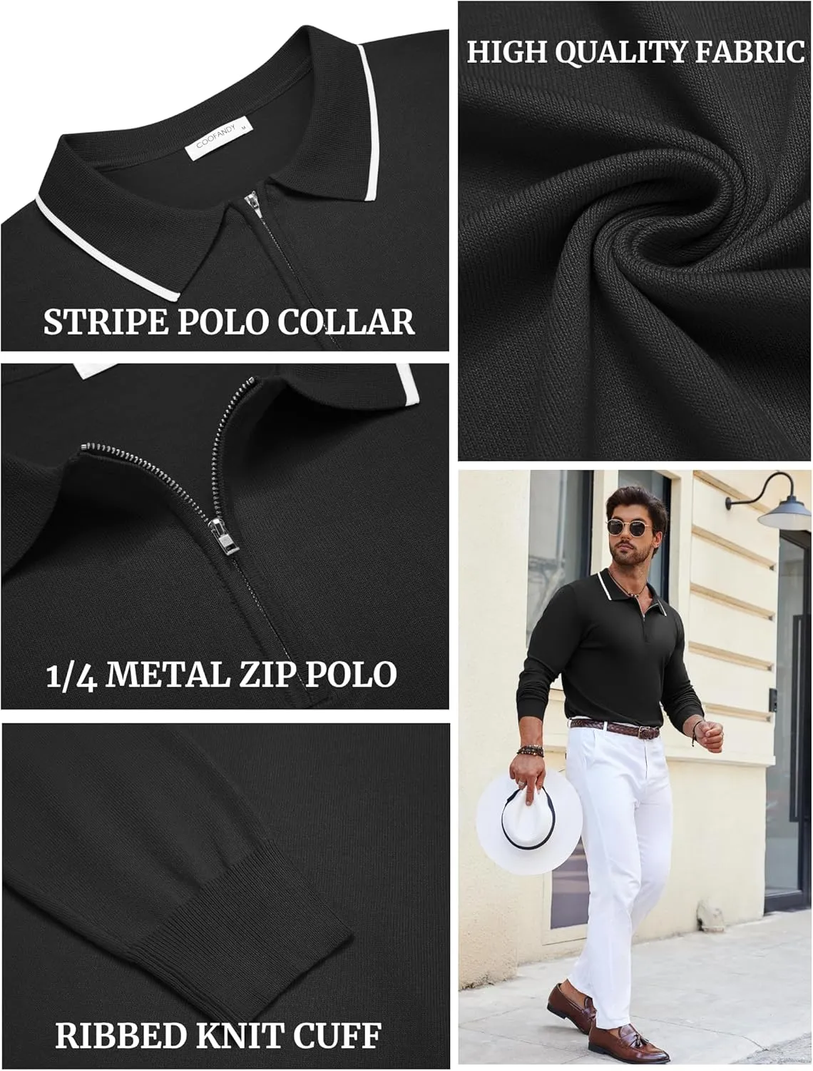 COOFANDY Men's Knit Polo Shirt Long Sleeve Quarter Zip Polo Sweater Casual Golf Shirts Vintage Striped Collar Polo