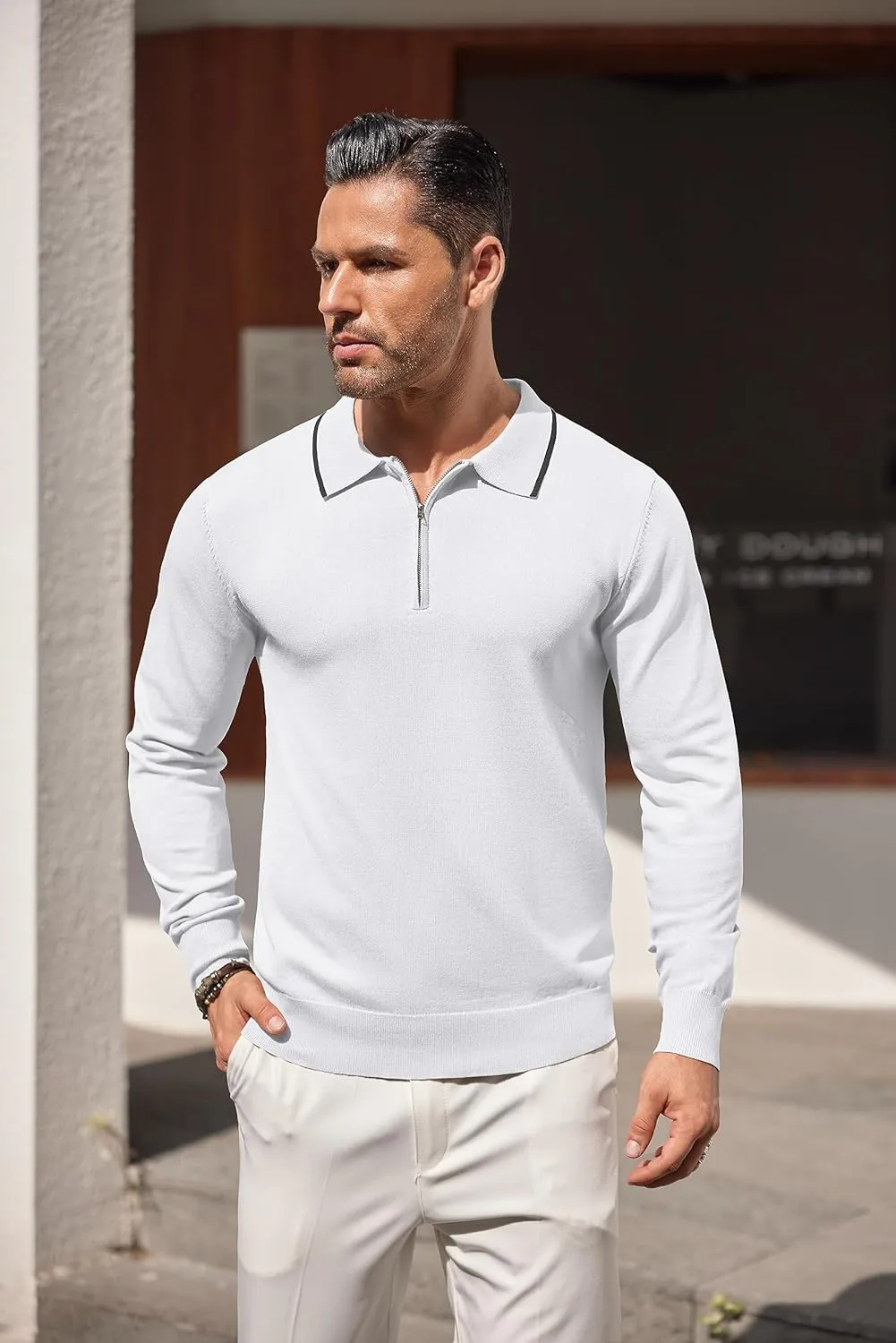 COOFANDY Men's Knit Polo Shirt Long Sleeve Quarter Zip Polo Sweater Casual Golf Shirts Vintage Striped Collar Polo