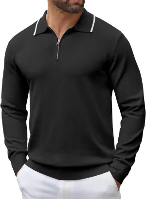 COOFANDY Men's Knit Polo Shirt Long Sleeve Quarter Zip Polo Sweater Casual Golf Shirts Vintage Striped Collar Polo