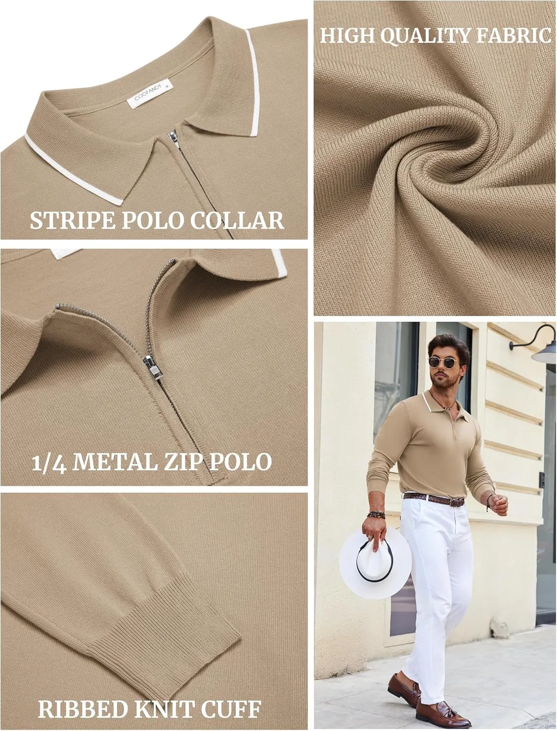 COOFANDY Men's Knit Polo Shirt Long Sleeve Quarter Zip Polo Sweater Casual Golf Shirts Vintage Striped Collar Polo