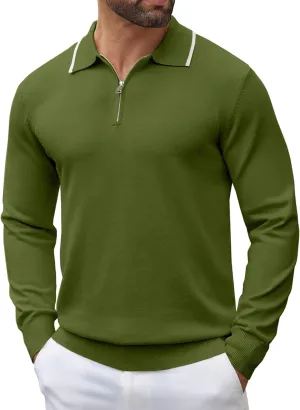 COOFANDY Men's Knit Polo Shirt Long Sleeve Quarter Zip Polo Sweater Casual Golf Shirts Vintage Striped Collar Polo