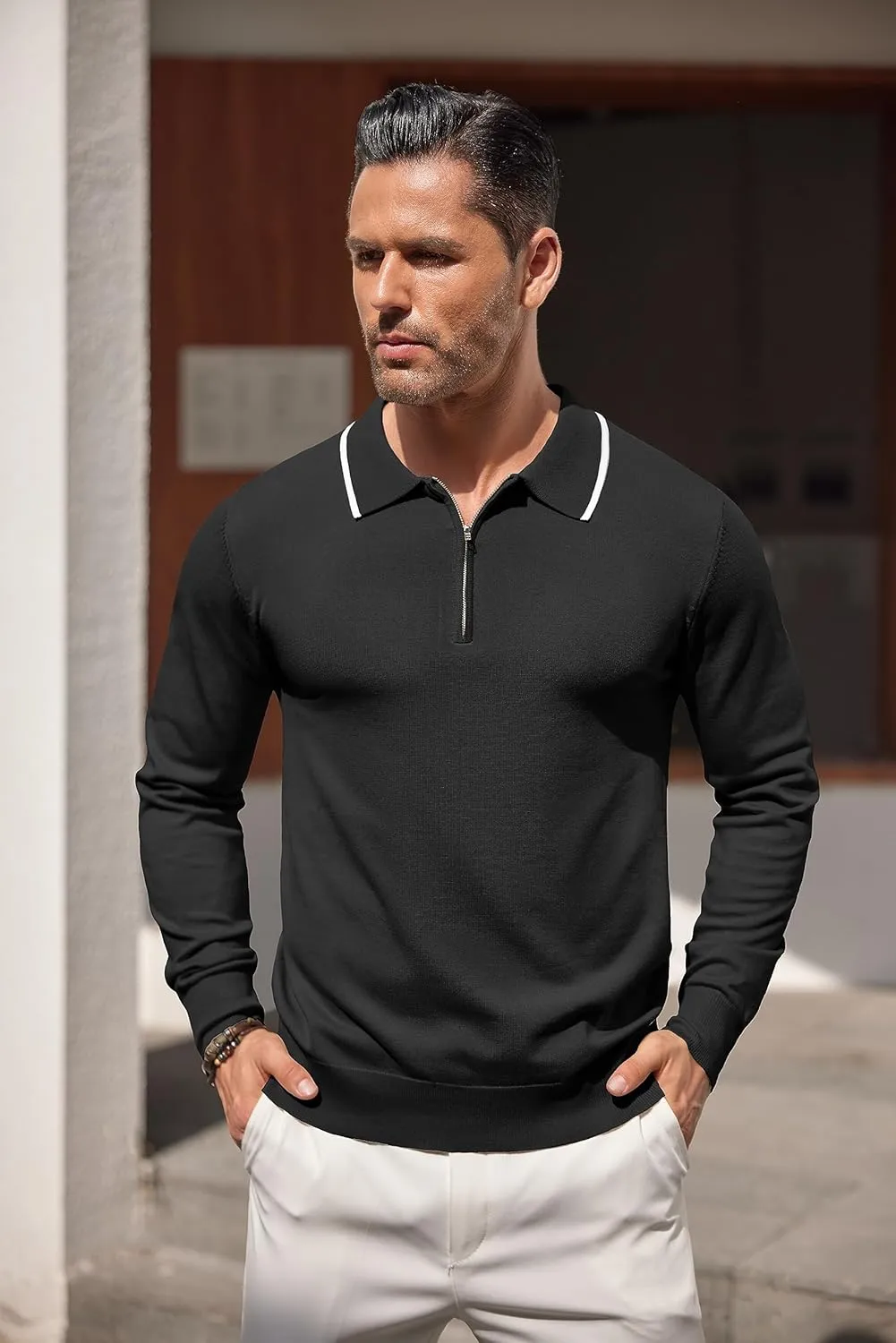 COOFANDY Men's Knit Polo Shirt Long Sleeve Quarter Zip Polo Sweater Casual Golf Shirts Vintage Striped Collar Polo