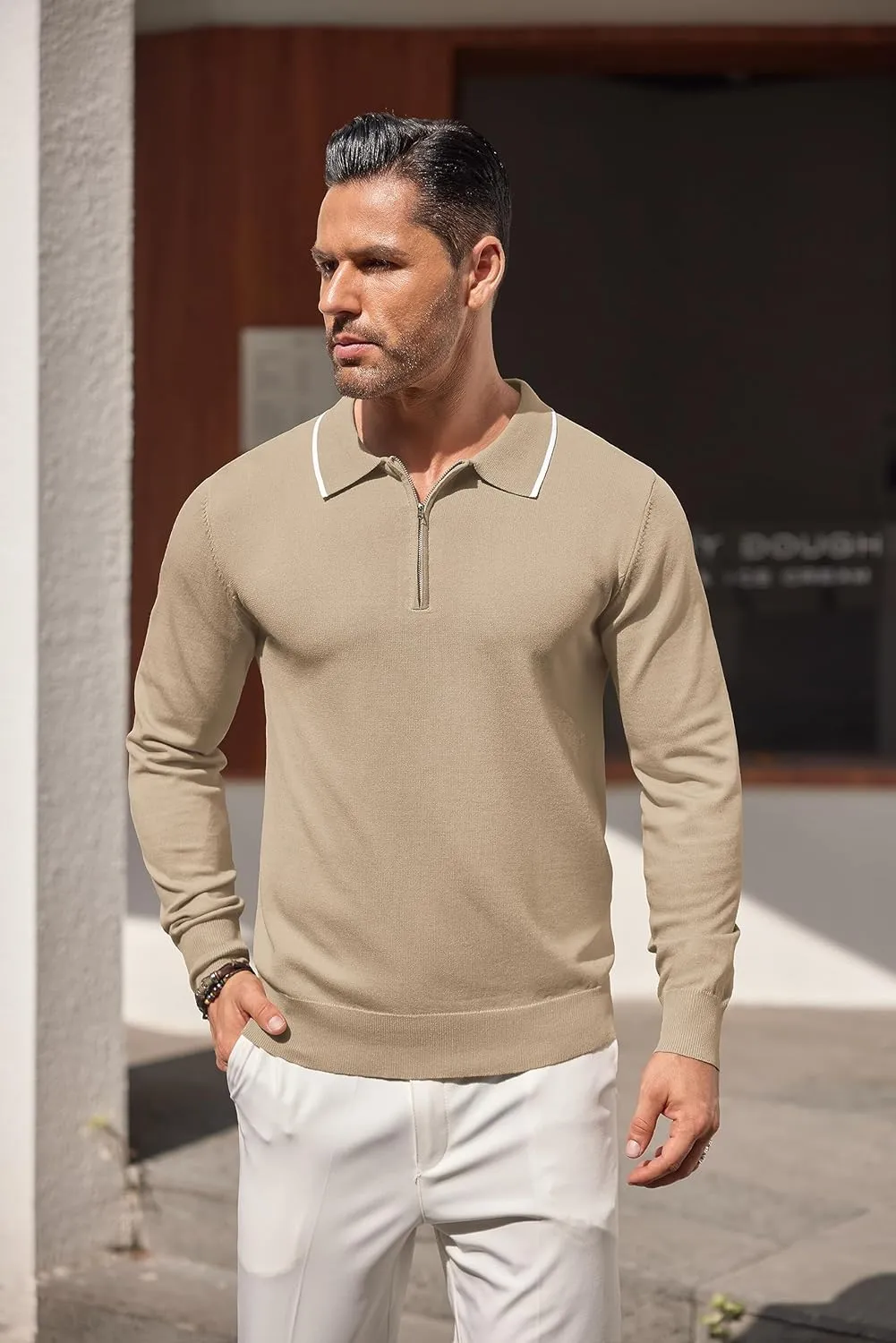 COOFANDY Men's Knit Polo Shirt Long Sleeve Quarter Zip Polo Sweater Casual Golf Shirts Vintage Striped Collar Polo