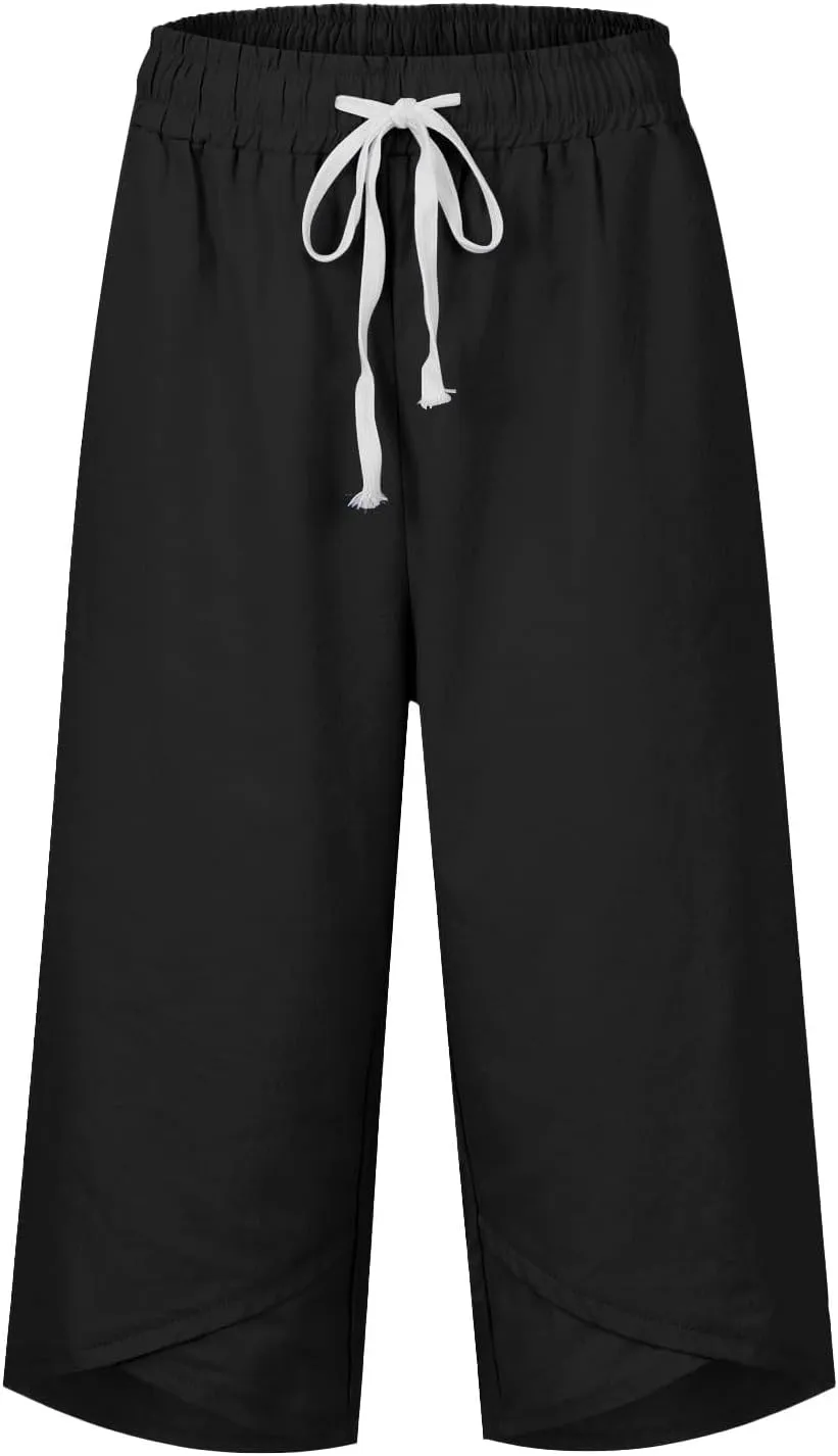 Cotton Linen Capri Pants for Women Casual Elastic Waist Drawstring Wide Leg 3/4 Shorts Lightweight Summer Beach Pants
