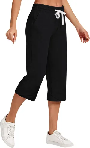 Cotton Linen Capri Pants for Women Casual Elastic Waist Drawstring Wide Leg 3/4 Shorts Lightweight Summer Beach Pants