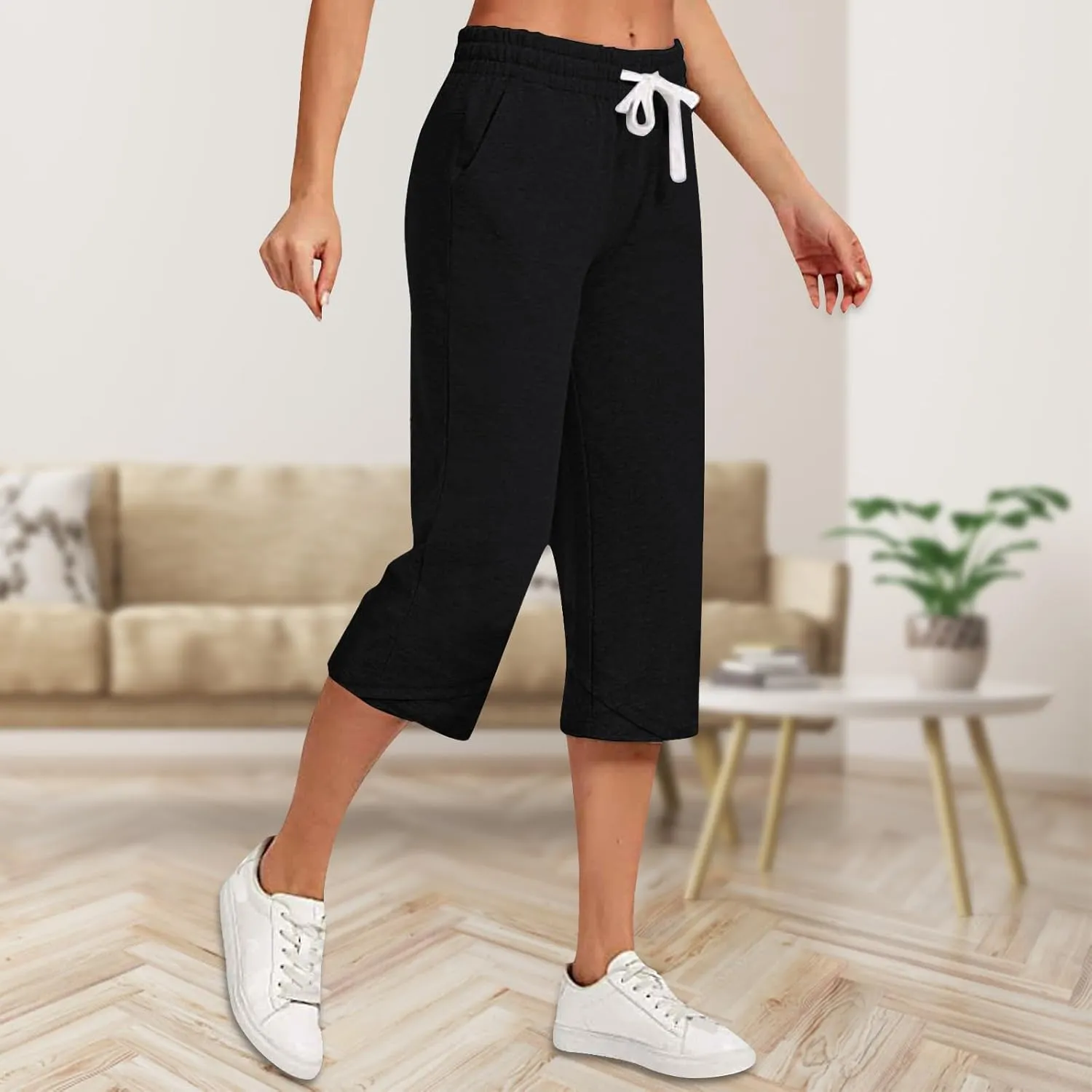Cotton Linen Capri Pants for Women Casual Elastic Waist Drawstring Wide Leg 3/4 Shorts Lightweight Summer Beach Pants