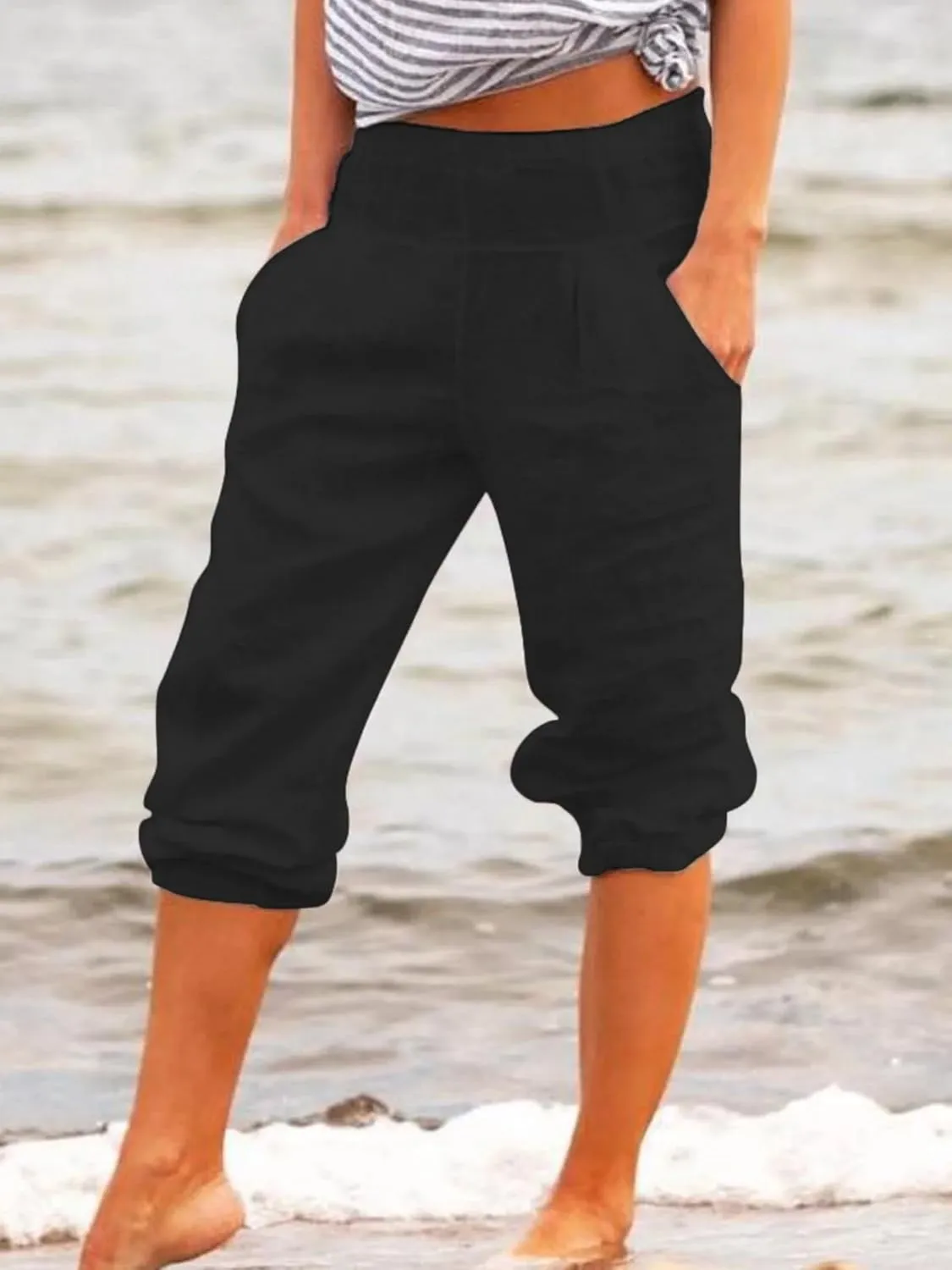 Cotton Linen Capri Pants for Women Casual Summer Loose Comfy Trendy Elastic Waist Cropped Trouser with Pockets