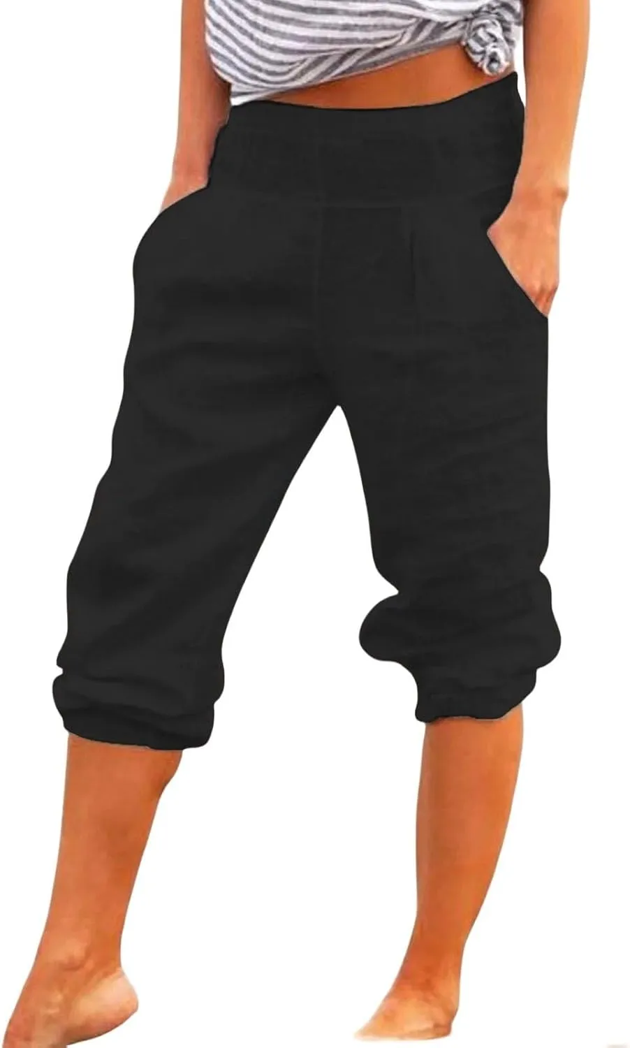 Cotton Linen Capri Pants for Women Casual Summer Loose Comfy Trendy Elastic Waist Cropped Trouser with Pockets