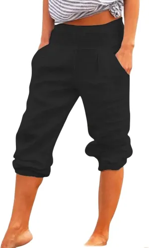 Cotton Linen Capri Pants for Women Casual Summer Loose Comfy Trendy Elastic Waist Cropped Trouser with Pockets
