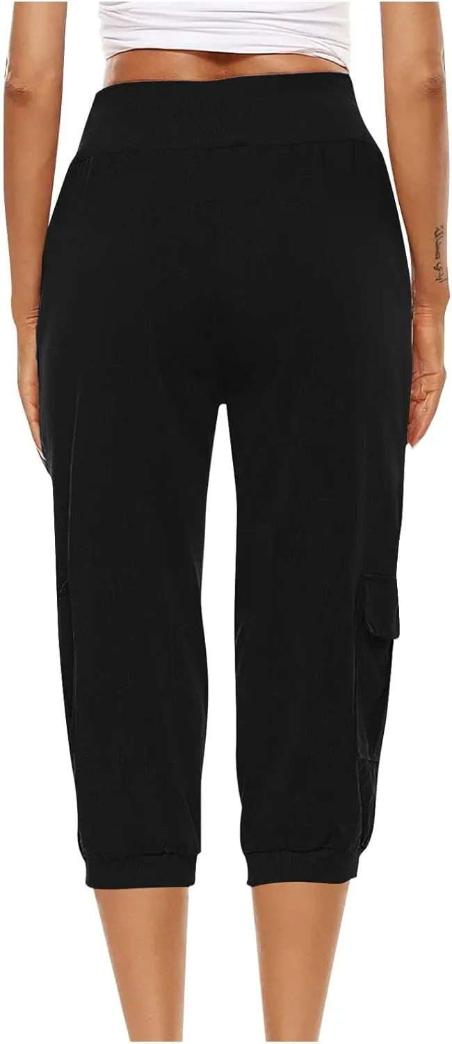 Cotton Linen Capri Women Casual Drawstring Elastic Waist Pants High Waisted Pants Summer Wide Leg Cropped Trousers