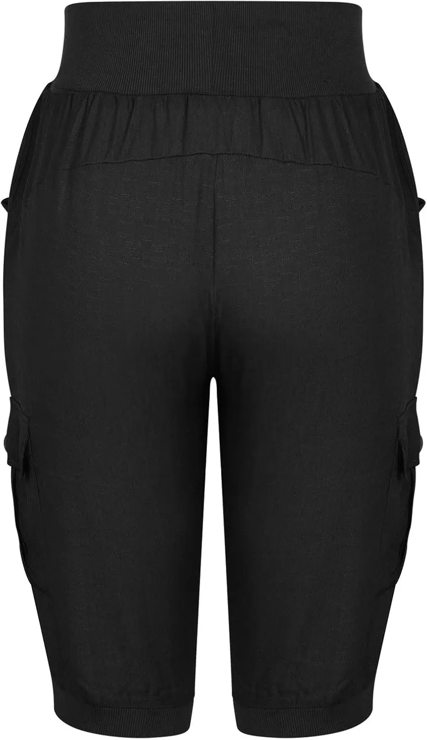 Cotton Linen Capri Women Casual Drawstring Elastic Waist Pants High Waisted Pants Summer Wide Leg Cropped Trousers
