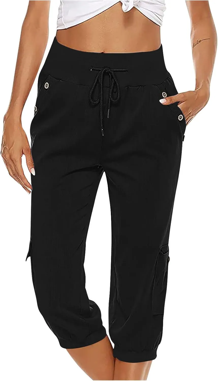 Cotton Linen Capri Women Casual Drawstring Elastic Waist Pants High Waisted Pants Summer Wide Leg Cropped Trousers