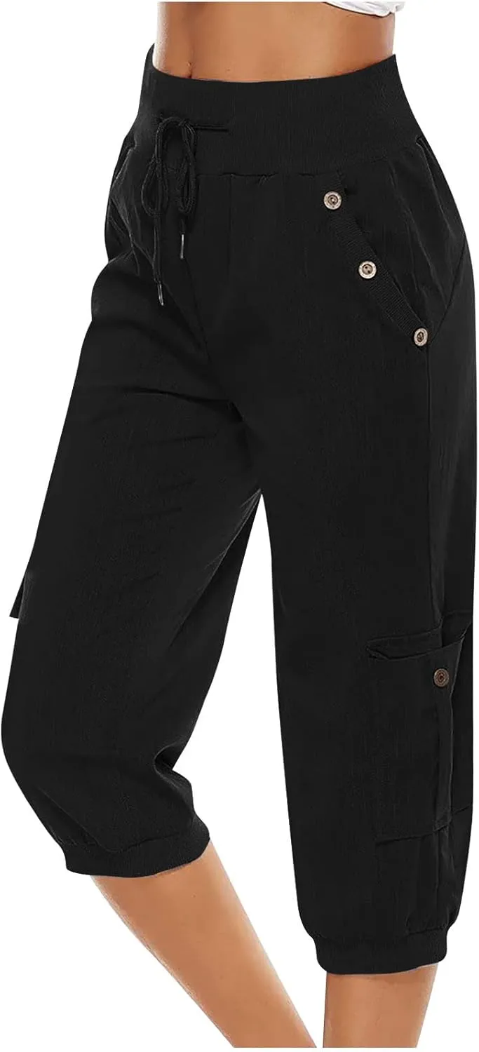 Cotton Linen Capri Women Casual Drawstring Elastic Waist Pants High Waisted Pants Summer Wide Leg Cropped Trousers