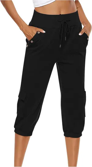 Cotton Linen Capri Women Casual Drawstring Elastic Waist Pants High Waisted Pants Summer Wide Leg Cropped Trousers