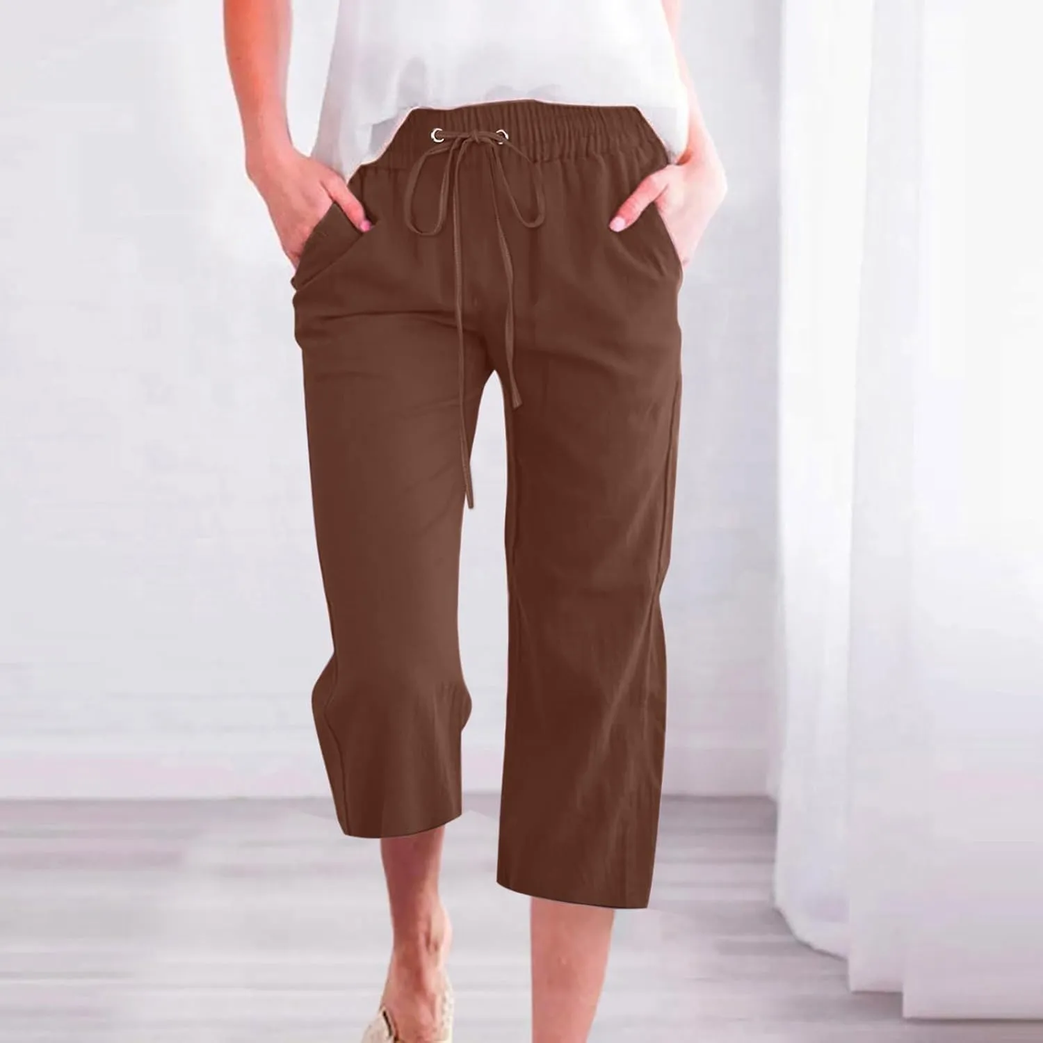 Cotton Linen Capris for Women Straight Leg Casual Summer Beach Pants Elastic Waist Pull On Capri Pants with Pockets