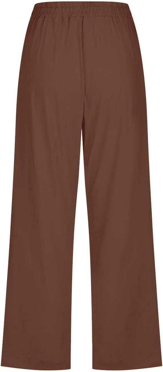 Cotton Linen Capris for Women Straight Leg Casual Summer Beach Pants Elastic Waist Pull On Capri Pants with Pockets