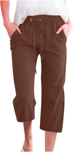 Cotton Linen Capris for Women Straight Leg Casual Summer Beach Pants Elastic Waist Pull On Capri Pants with Pockets