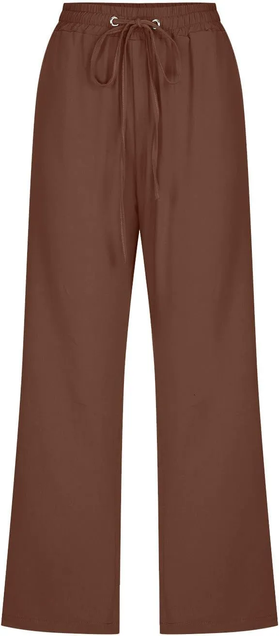 Cotton Linen Capris for Women Straight Leg Casual Summer Beach Pants Elastic Waist Pull On Capri Pants with Pockets