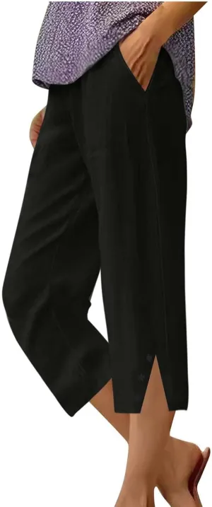 Cotton Linen Cropped Pants for Women 2025 Summer Casual Elastic Waisted Straight Leg Drawstring Trouser with Pockets