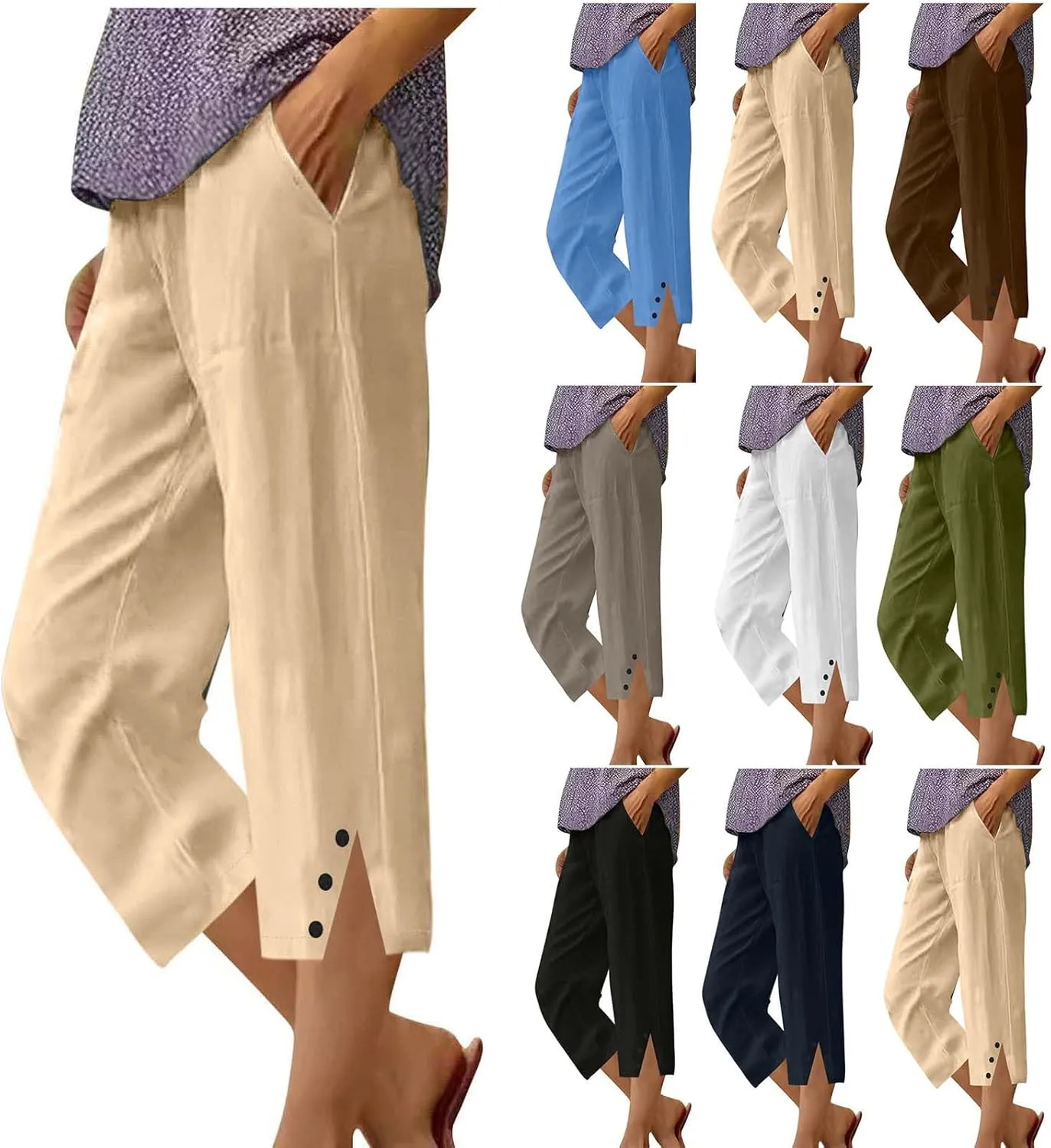 Cotton Linen Cropped Pants for Women 2025 Summer Casual Elastic Waisted Straight Leg Drawstring Trouser with Pockets